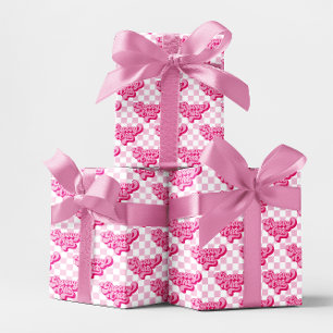 Pink and White Check Groovy One Wrapping Paper