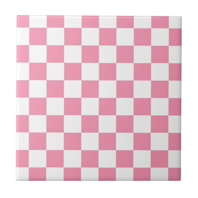 Pink And White Check Squares Ceramic Tile (Front)