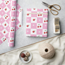 Pink and White Checker Cherries Wrapping Paper