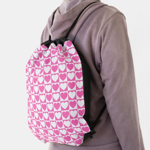 Pink and White Checkerboard Heart Pattern Drawstring Bag