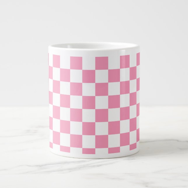 Pink and White Checkerboard Pattern Giant Coffee Mug (Front)