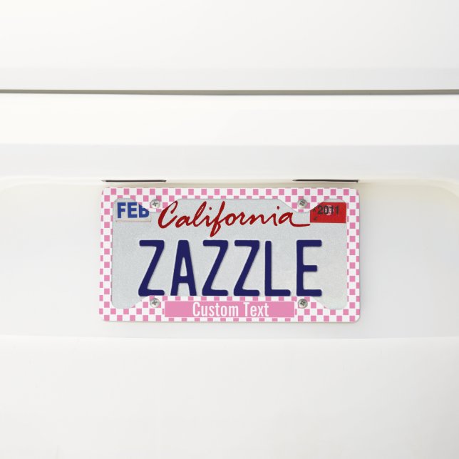 Pink and White Checkerboard Write It Yourself License Plate Frame (On Car)