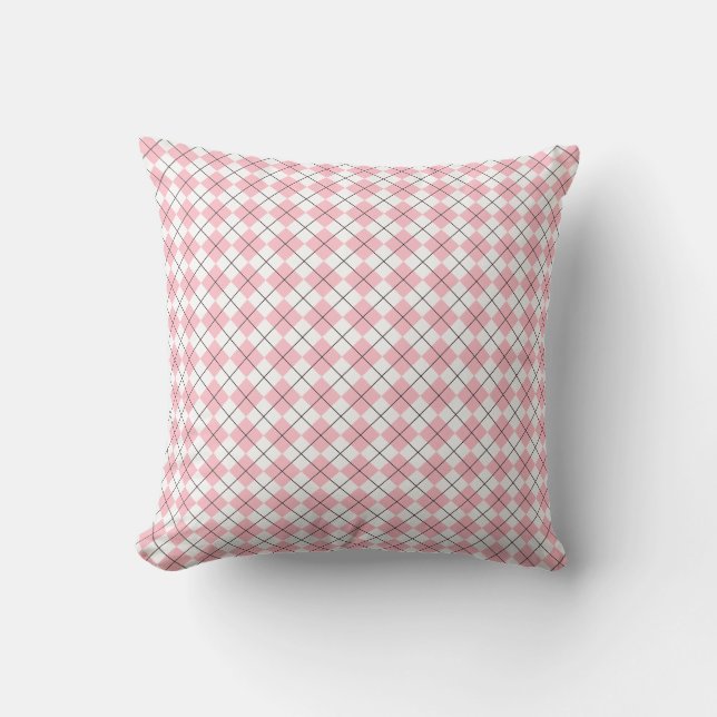 Pink and White Checkered Argyle Pattern Throw Pillow (Front)