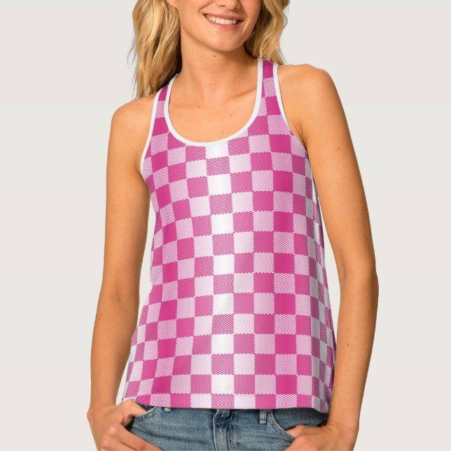 Pink and White Checkered Geometric Tank Top (Front)