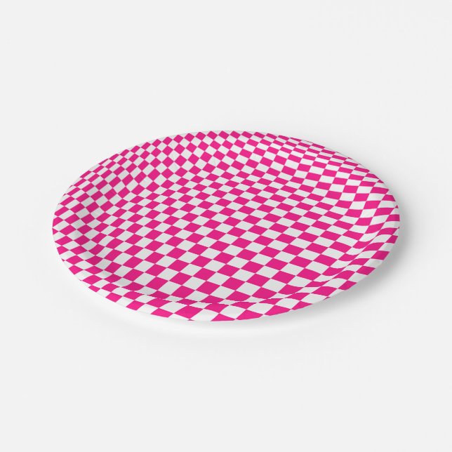 Pink and White Checkered Optical Illusion Paper Plates (Angled)