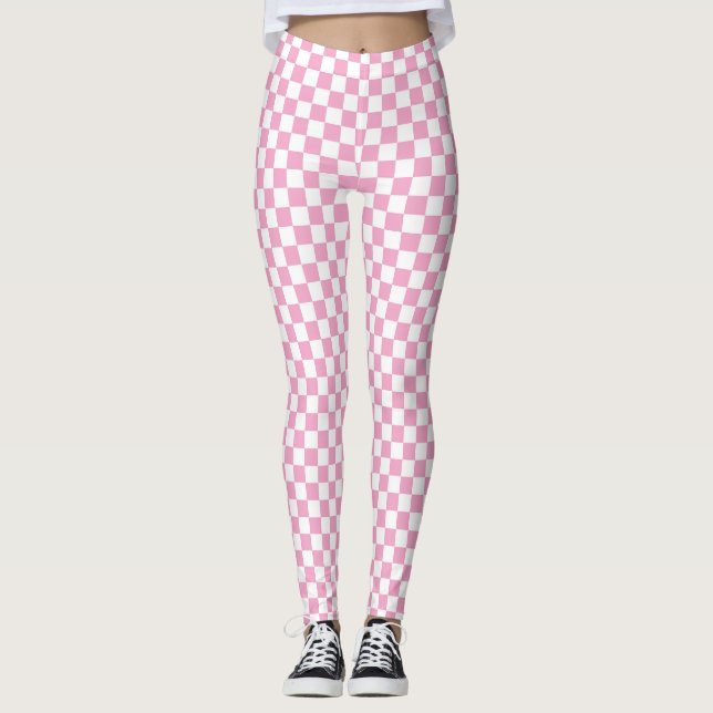 Pink and White Checkered Pattern Leggings (Front)