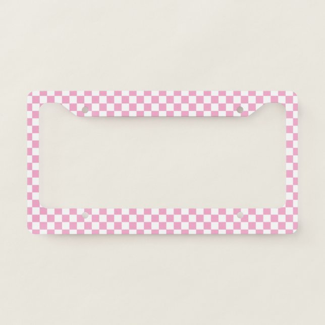 Pink and White Checkered Pattern License Plate Frame (Front)