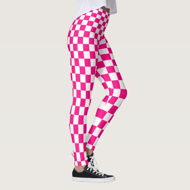 Pink and White Checkered Pattern Optical Illusion Leggings (Right)