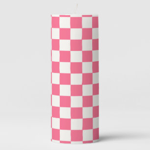 Pink and White Checkered Pattern Pillar Candle
