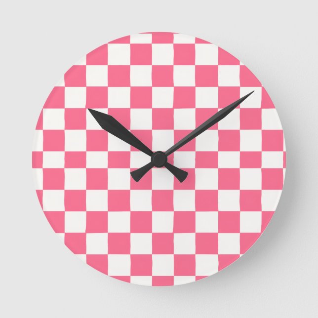 Pink and White Checkered Pattern  Round Clock (Front)