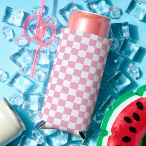 Pink and White Checkered Pattern Seltzer Can Cooler