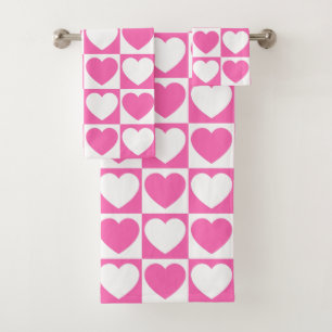 Pink and White Checkered Pattern With Hearts Bath Towel Set