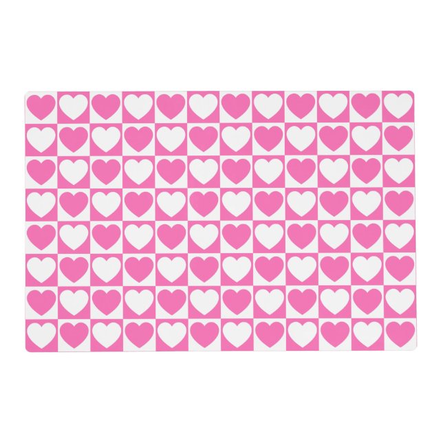 Pink and White Checkered Pattern With Hearts Placemat (Front)