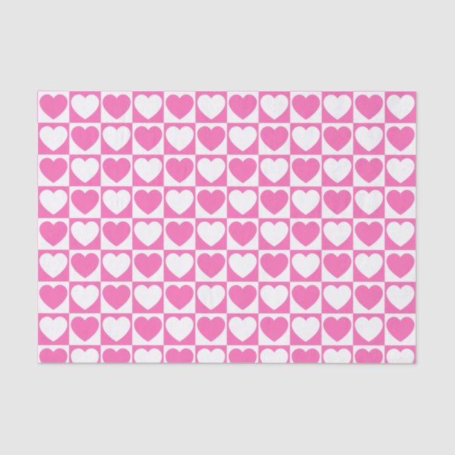 Pink and White Checkered Pattern With Hearts Tissue Paper (Front)