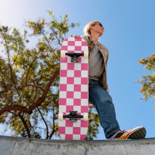 Pink and White Checkered Print Skateboard