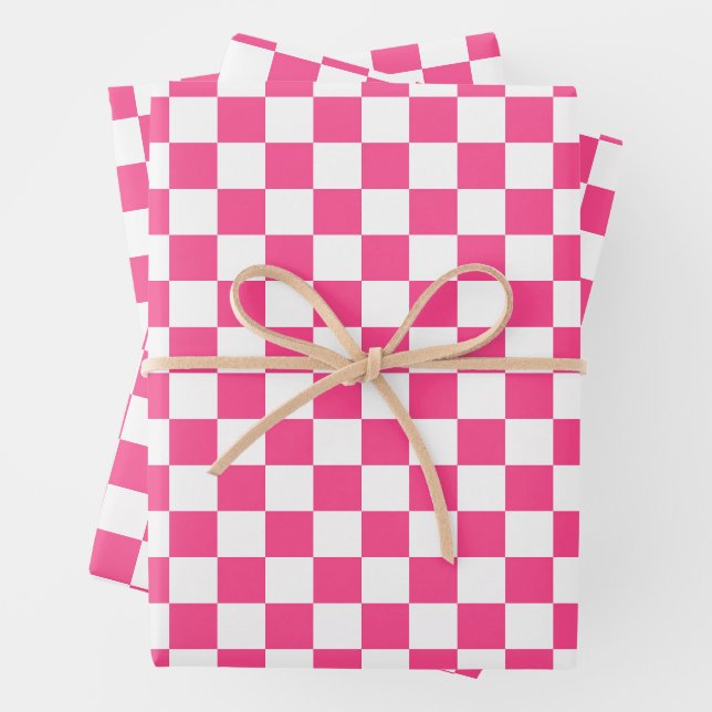 Pink and White Checkered Print Wrapping Paper Sheets (In situ)