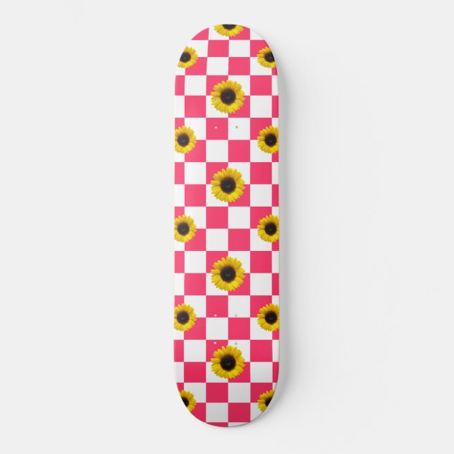 Pink and White Checkered & Sunflower Print Skateboard (Front)