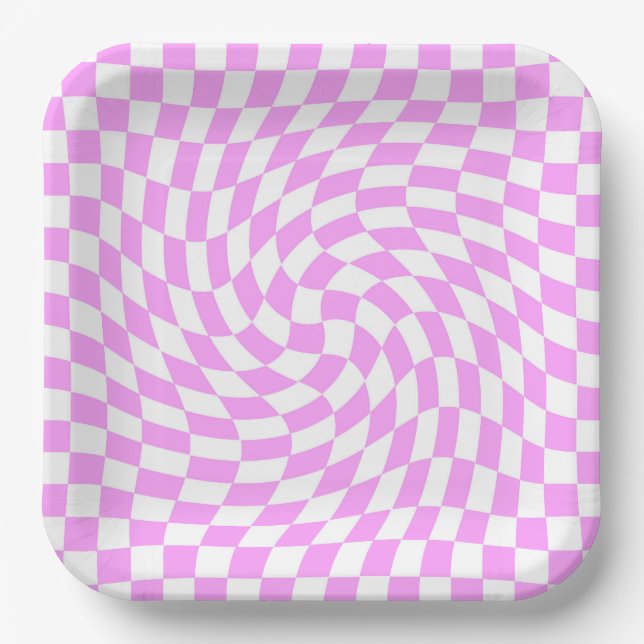Pink and White Checks Checkered Chic Pattern Paper Plates (Front)