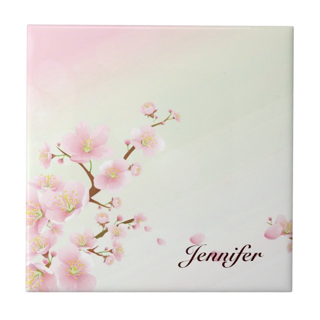 Pink And White Cherry Blossom Nature Monogram Ceramic Tile (Front)