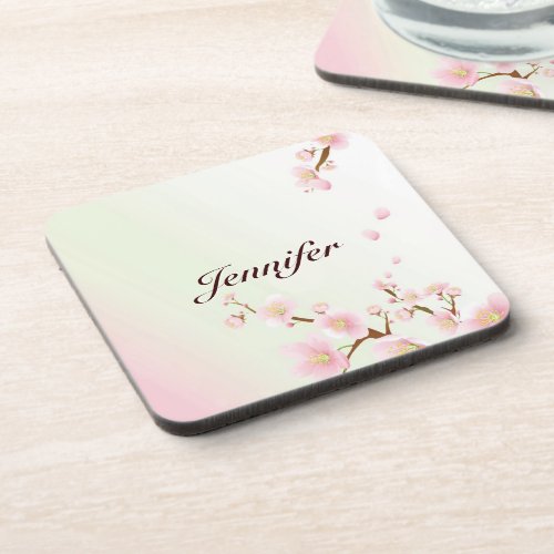 Pink And White Cherry Blossom Nature Monogram Coaster