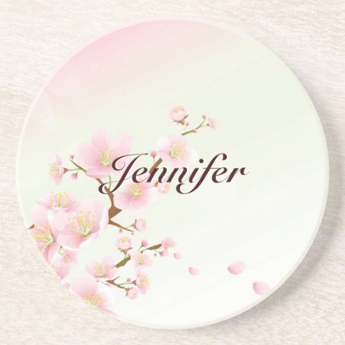 Pink And White Cherry Blossom Nature Monogram Drink Coaster