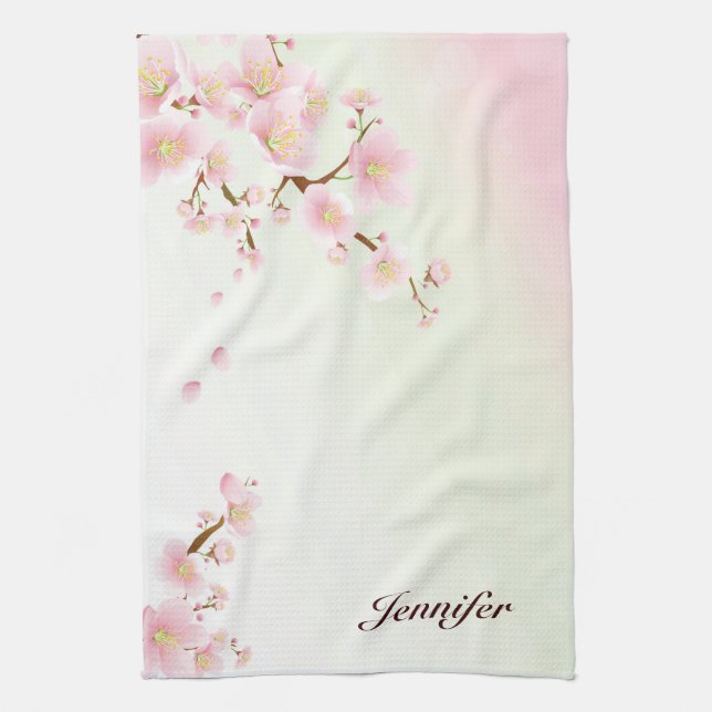 Pink And White Cherry Blossom Nature Monogram Kitchen Towel (Vertical)