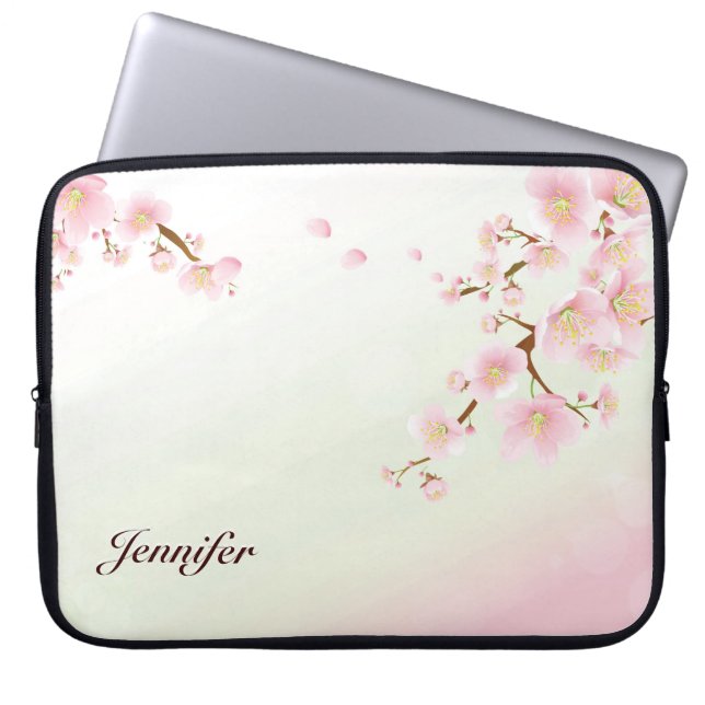 Pink And White Cherry Blossom Nature Monogram Laptop Sleeve (Front)
