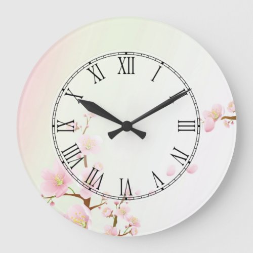 Pink And White Cherry Blossom Nature Roman Numeral Large Clock
