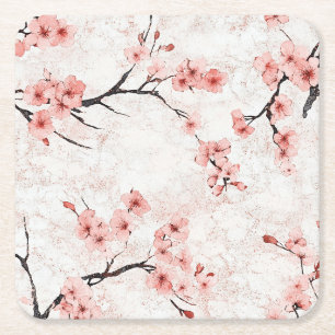 Pink and White Cherry Blossoms on Navy Blue Custom Square Paper Coaster