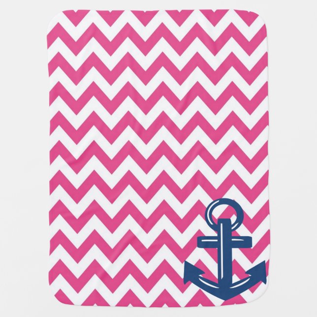 Pink and White Chevron Anchor Throw Blanket (Front)