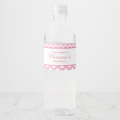 Pink and White Chevron  Polka Dot Baby Water Bottle Label