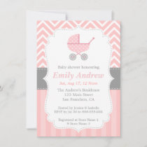 Pink and White Chevron, Stroller, Baby Girl Shower Invitation