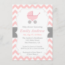 Pink and White Chevron, Stroller, Baby Girl Shower Invitation