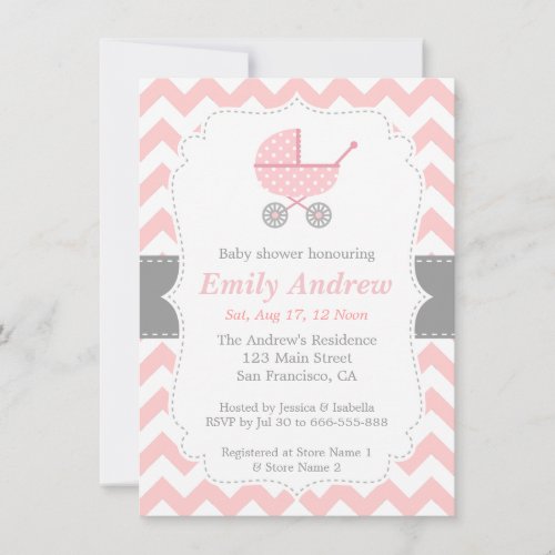 Pink and White Chevron, Stroller, Baby Girl Shower Custom Invitation