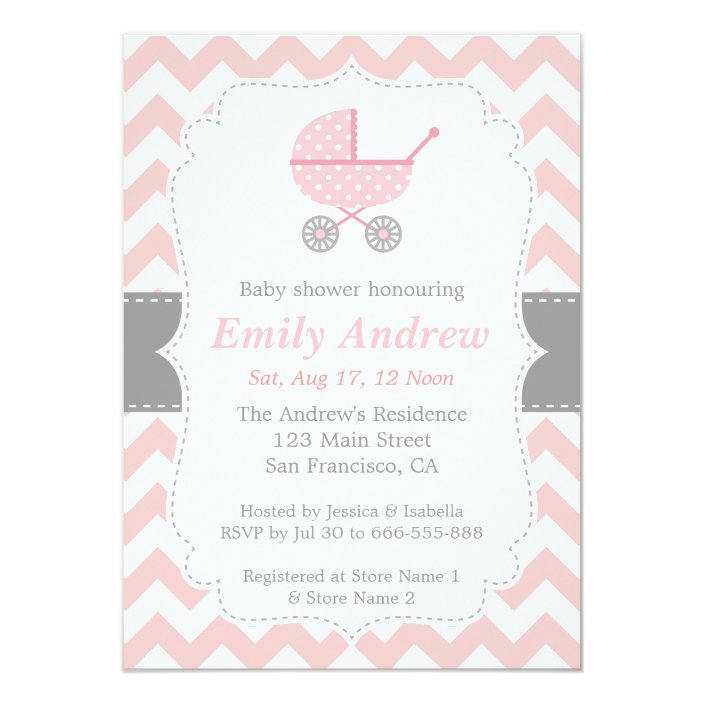 Pink and White Chevron, Stroller, Baby Girl Shower Invitation | Zazzle.com