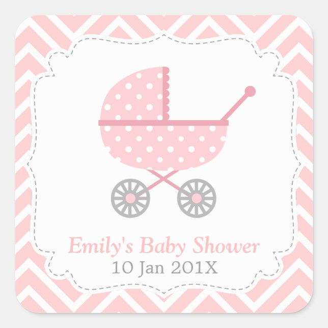 Pink and White Chevron, Stroller, Baby Girl Shower Square Sticker (Front)