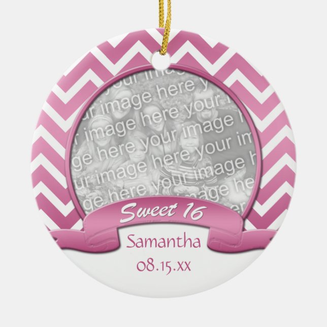 Pink and White Chevron Sweet 16 Ornament (Front)