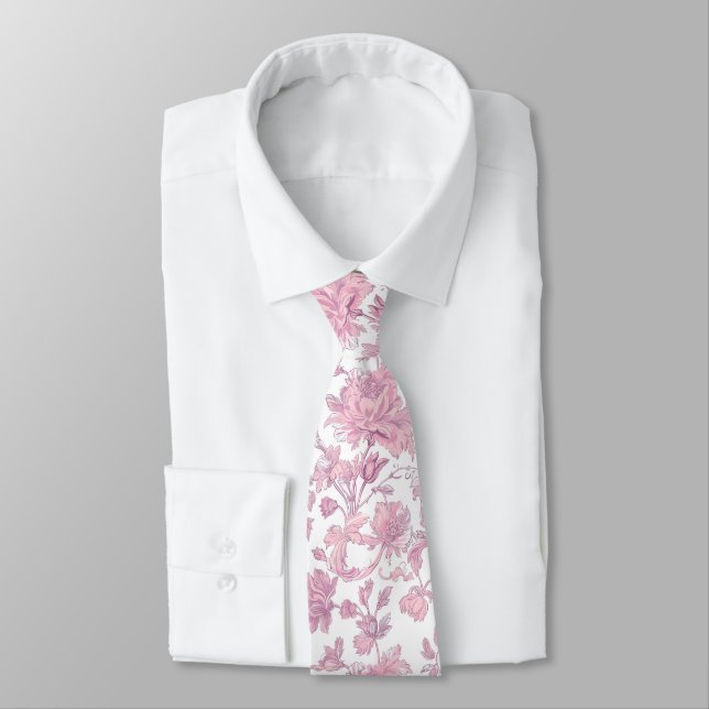 Pink and White Chinoiserie Floral  Neck Tie (Tied)