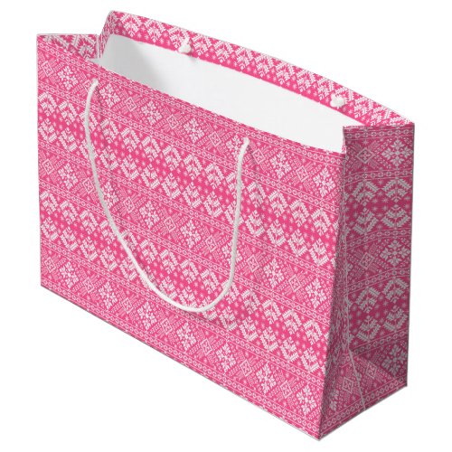 Pink and White Christmas Fair Isle Pattern Large Gift Bag