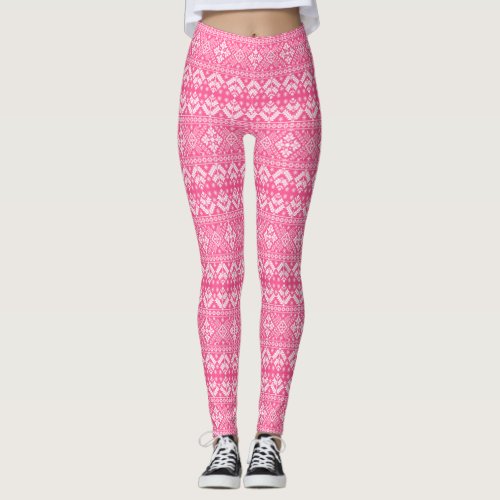 Pink and White Christmas Fair Isle Pattern Leggings