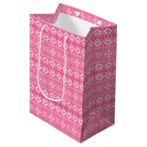 Pink and White Christmas Fair Isle Pattern Medium Gift Bag