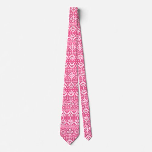 Pink and White Christmas Fair Isle Pattern Neck Tie