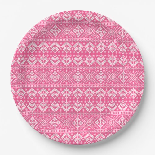 Pink and White Christmas Fair Isle Pattern Paper Plates