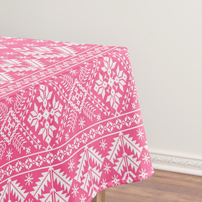 Pink and White Christmas Fair Isle Pattern Tablecloth (In Situ)