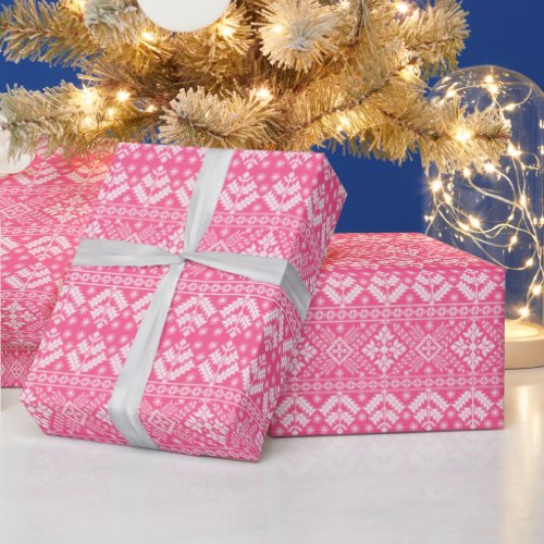 Pink and White Christmas Fair Isle Pattern Wrapping Paper
