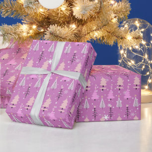 Pink and White Christmas Trees Green Christmas Wrapping Paper
