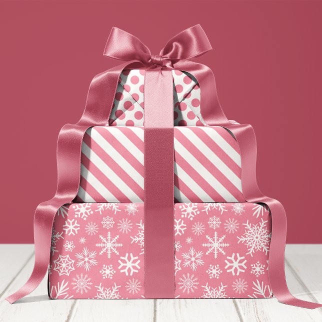 Pink and White Christmas Winter Snowflakes Pattern Wrapping Paper Sheets (Creator Uploaded)
