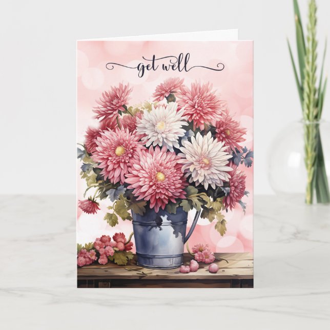 Pink and White Chrysanthemum Bouquet Get Well Card (Front)