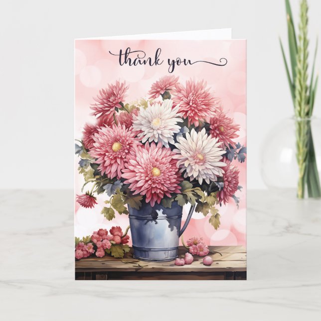 Pink and White Chrysanthemums Blank Thank You Card (Front)