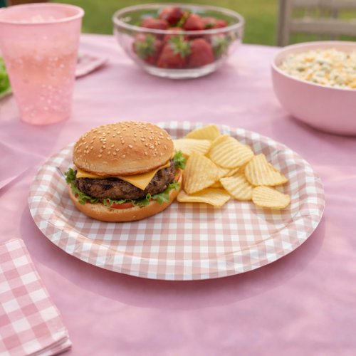 Pink and White Classic Gingham Plaid Pattern Paper Plates